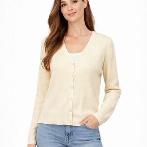 Laura Scott Ribbed Cardigan Cream Butter Yellow Button Front Y2K Preppy Women M
